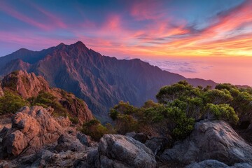 Fototapeta premium Serene Mountain Landscape with Vibrant Skies Above