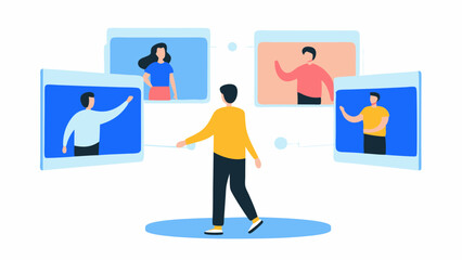 A person standing in front of four screens displaying different people waving and communicating online