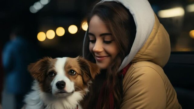 In a warm, inviting atmosphere, a young girl snuggles with her furry friend, sharing smiles and joy as they enjoy the energy of a city evening, wrapped in their respective warmth