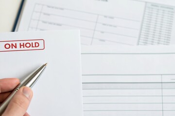 Naklejka premium Recession Risk Management Document marked 'ON HOLD' with a pen ready for notes or actions.