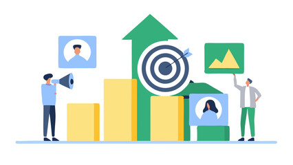 Illustration of business growth with bar graph, target, arrow, and people holding profile icons