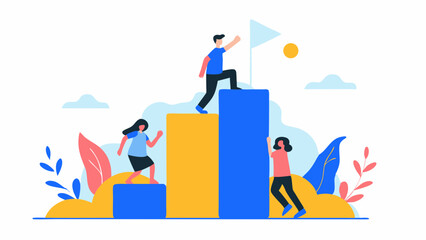Illustration of people climbing bar graph with flag and sun in a leafy background design vector