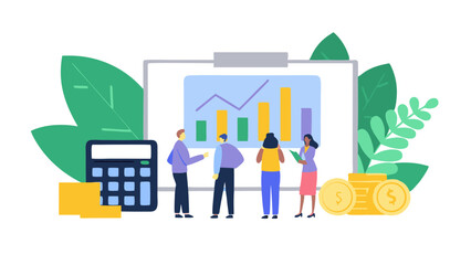 Illustration of business team analyzing a graph on a whiteboard with calculator and money coins near by