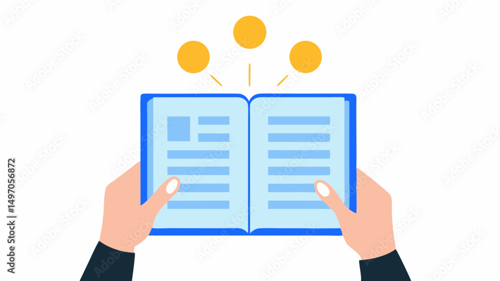Poster illustration of hands holding an open book with text and three golden circles above it on a white ba