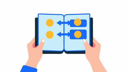 Illustration of hands holding an open book with arrows and circles on the pages displayed clearly