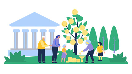Illustration showing family members collecting coins from a money tree near a bank building outside