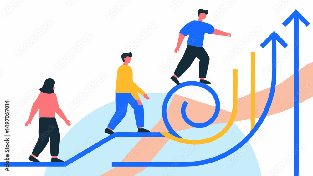 Poster people climbing on paths with arrows showing growth and progress in a business environment setting