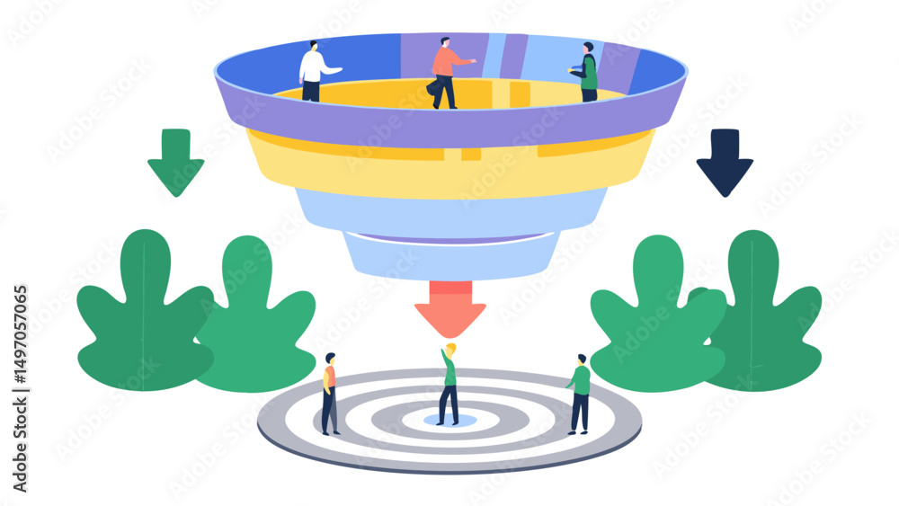Poster funnel illustration showing people inside a layered structure with arrows and target below it all ar