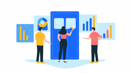 Illustration of three people interacting with data charts and a blue door in a collaborative setting
