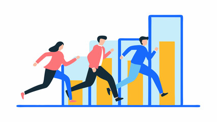 Illustration of three people running towards a bar graph indicating growth and progress in business