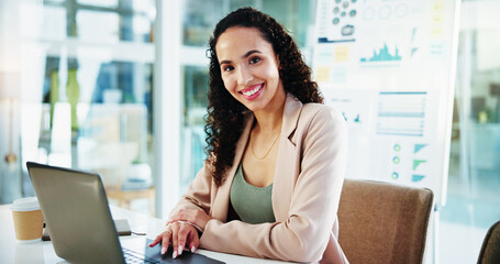 Office, businesswoman and portrait with laptop for accountant, auditing and online for investment...