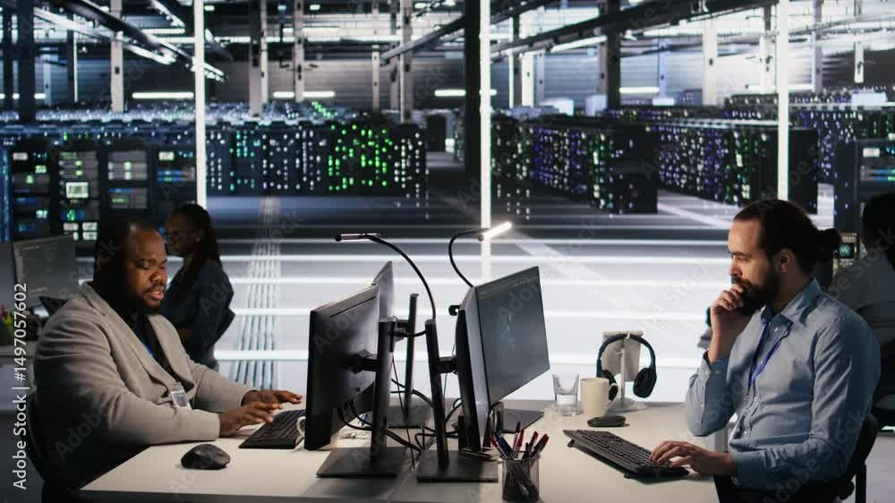 Poster data center technician discussing with coworker while doing ai software updates. server room it spec