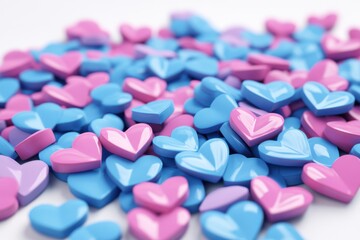 Pink and blue heart pills scattered on white background