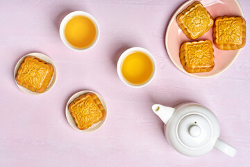 Teapots and mooncakes. Chinese Mid-Autumn Festival concept