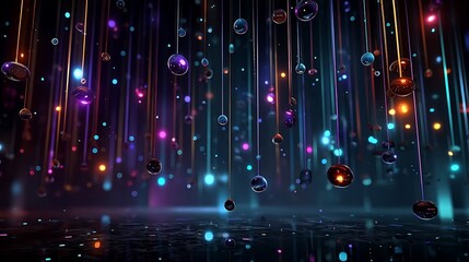 Abstract Neon Rain with Glowing Spheres, and Dark Background.