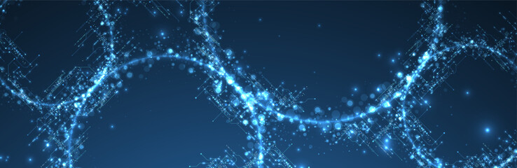 Digital circuit visualization vector background.  Neon glowing board pattern with interconnected lines, nodes, and binary code.