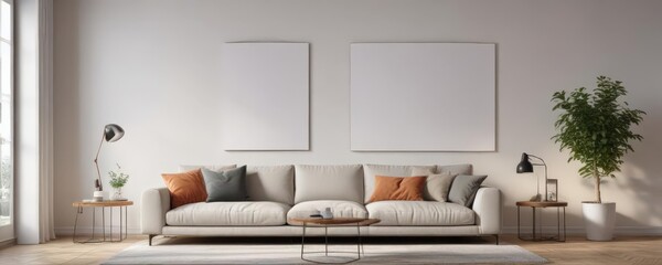 Obraz premium Modern living room, white wall, poster mockup on wooden clips , photography, template