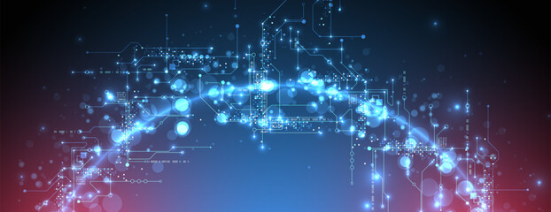 Digital circuit visualization vector background.  Neon glowing board pattern with interconnected lines, nodes, and binary code.