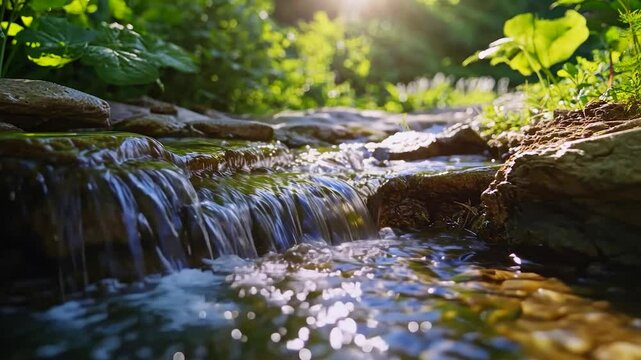 Sunlight streams over a small waterfall cascading over rocks