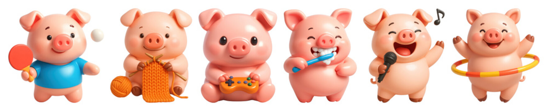 PNG Cute pig characters playing activities, element set on transparent background