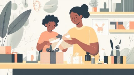 Mother and son planting together at crafting table indoors