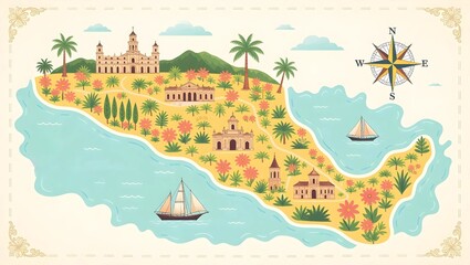Obraz premium Colorful Vintage Map of a Tropical Island with Historical Landmarks