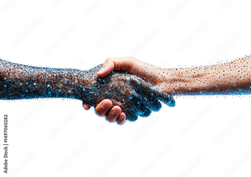 Poster handshake with connected blue digital dots isolated on transparent background