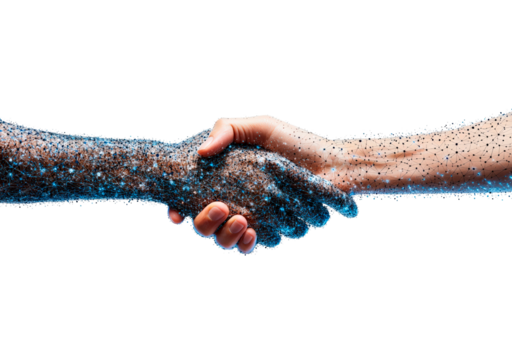 Handshake with connected blue digital dots isolated on transparent background
