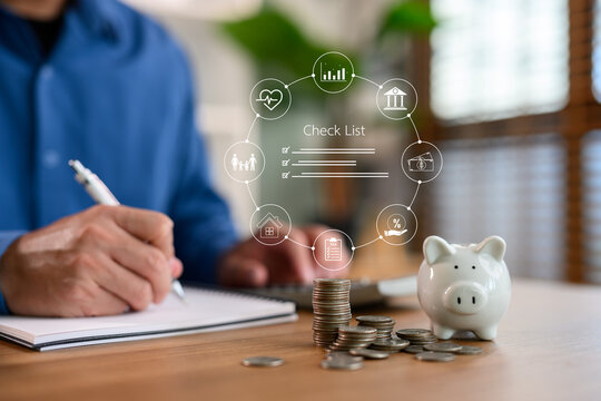Personal financial management concept showing income and expense planning, savings, tax, and investment strategy with checklist, piggy bank, and stacked coins for smart budgeting.