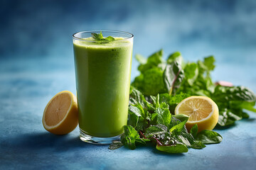 Fresh green smoothie with lemon and herbs.