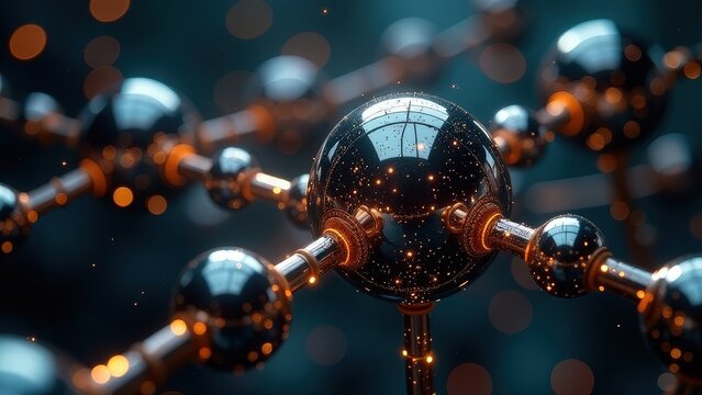 Close-up of a group of black spheres with orange accents, arranged in a way that they resemble a m