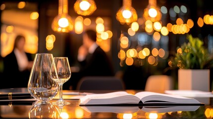 Elegant Restaurant Table Setting With Wine Glasses and Book