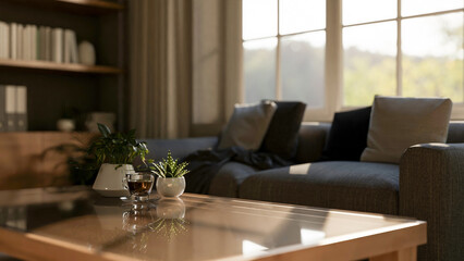 Coffee and potted plants on glass top wooden table with fabric sofas in living room or study room.