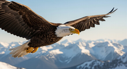 Naklejka premium A close-up of a bald eagle soaring high above snowy mountain peaks