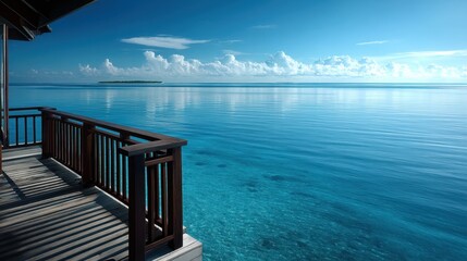 A breathtaking view of Maldives waters, perfectly still and clear from a villa deck, with dreamy islands far beyond.
