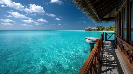 A breathtaking view of Maldives waters, perfectly still and clear from a villa deck, with dreamy islands far beyond.