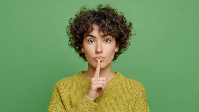 A woman with finger on her lips indicating silence against a soft green background. Her expression is one of quietness and contemplation, with the gesture of 'shush'.