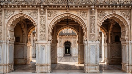 Historical Moorish Oriental Architectural Structure With Arched Entrances and Ornate Details in Sandstone