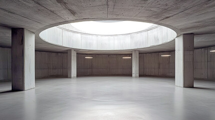 Minimalist concrete room with circular skylight casts soft light
