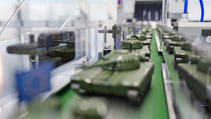 Miniature tanks on an assembly line symbolize the European Union’s industrial rearmament. A conceptual vision of automation and mass production in modern military manufacturing.