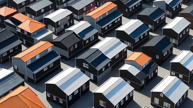 Aerial view of neatly aligned identical modern houses with dark facades and geometric rooftops in a compact suburban residential neighborhood

