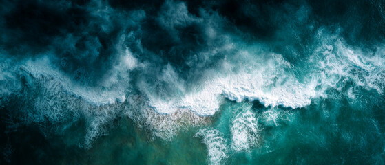 Fototapeta premium Aerial View of Ocean Waves Crashing Shoreline