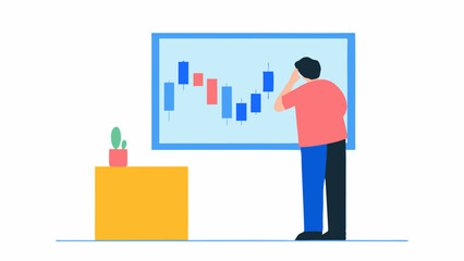 A person analyzing a stock market chart on a screen with a plant on a yellow table near the screen