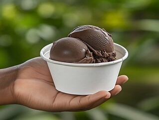 A Blurred Background with a Hand Holding a Gelato Cup with a Dual Scoop