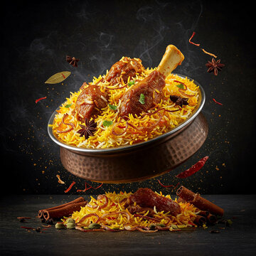 Hot Mutton Biryani in a Copper Pot Floating Mid-Air in a Dark Moody background