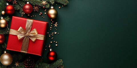 Festive Christmas Gift with Ornaments and Greenery