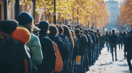 Obraz premium Long Queue of People Standing Along Cobblestone Street in Autumn Cityscape