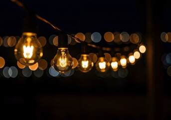 String Lights at Night Glowing Bulbs and Bokeh in Cityscape, Warm Ambiance, Party Decoration, Energy Concept. © vanh