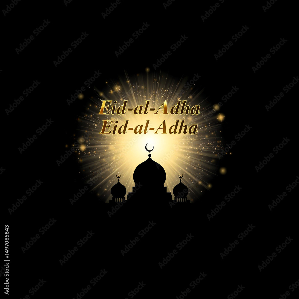 Poster eid al adha greeting card with mosque silhouette and golden text on a dark background with light ray