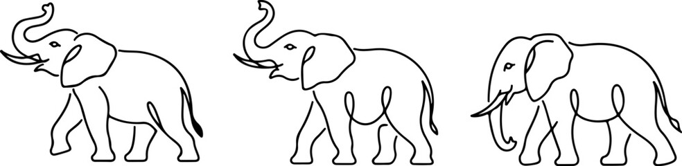 A set of elephant silhouettes and line art Vector illustration.